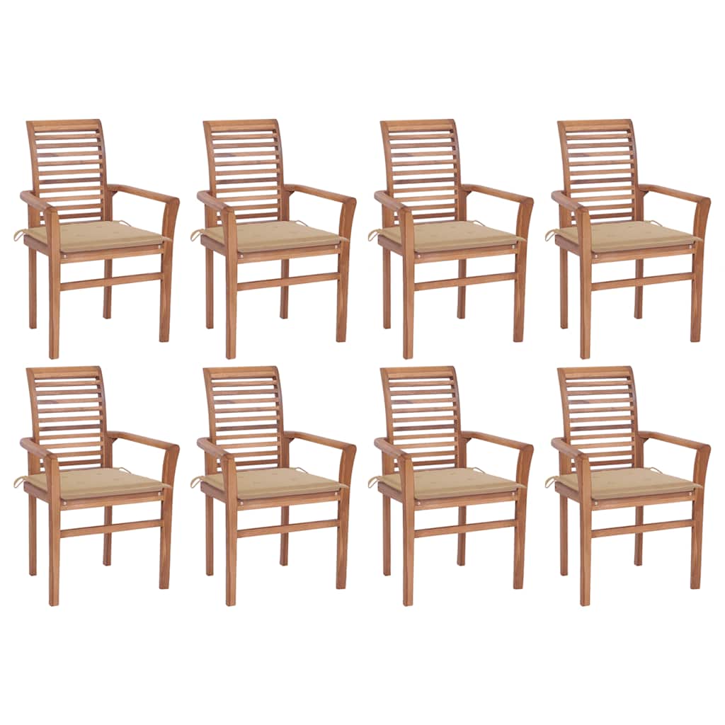 Essstühle 8 Stk. mit Beigen Kissen Massivholz Teak