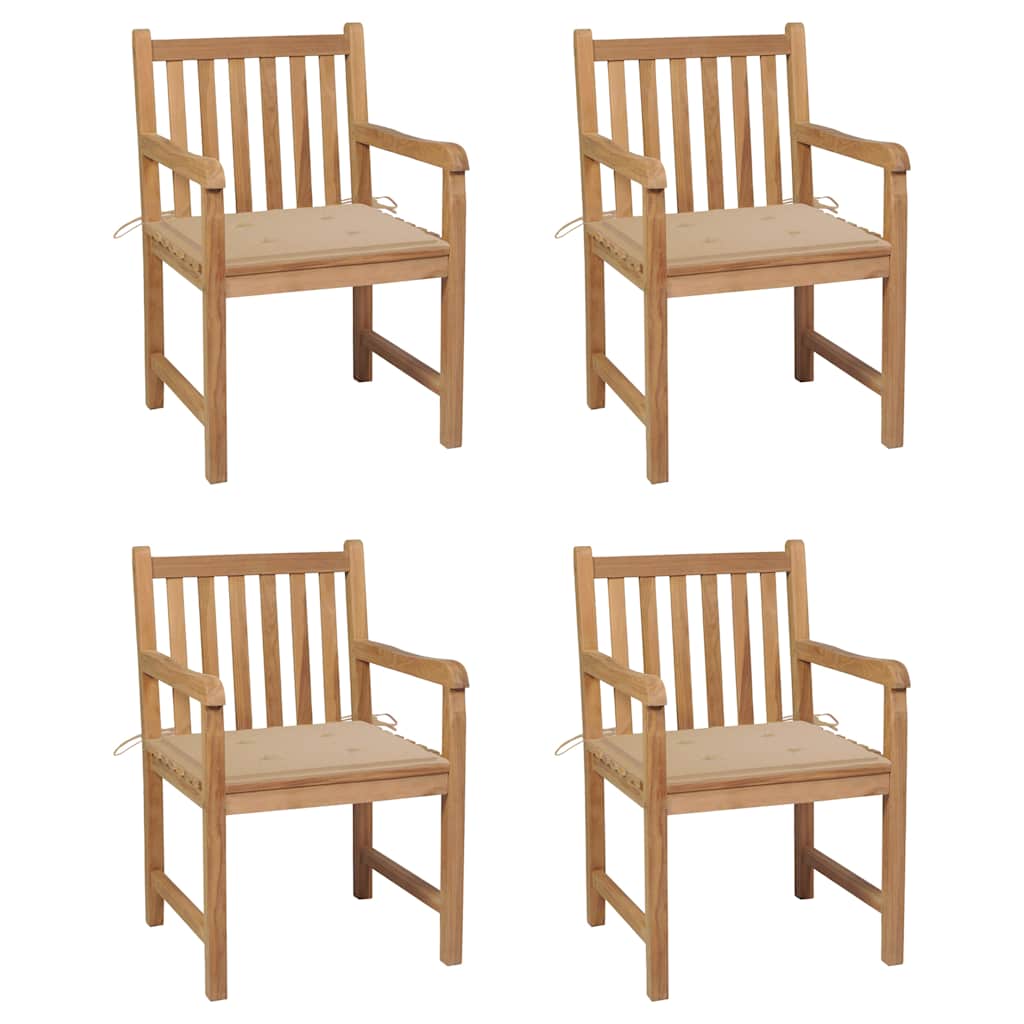 Gartenstühle 4 Stk. mit Beigen Kissen Massivholz Teak