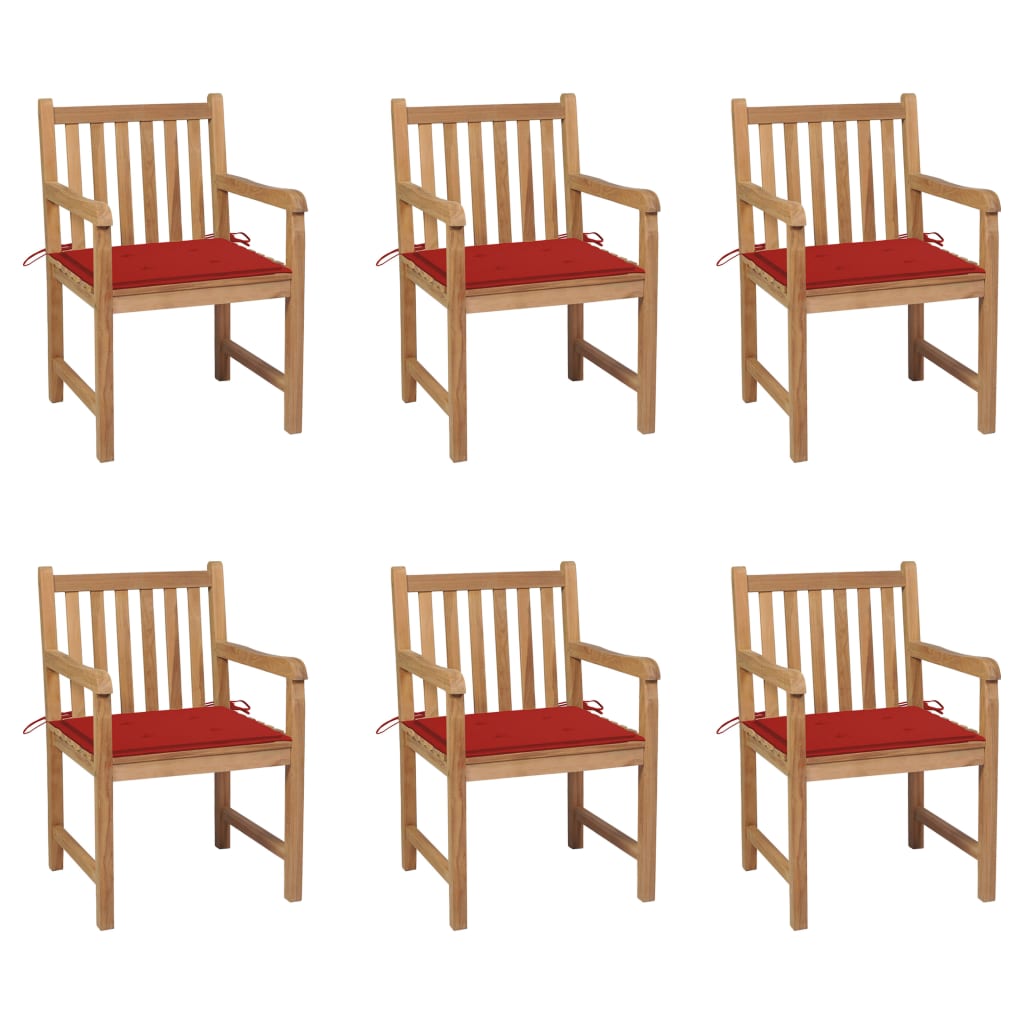 Gartenstühle 6 Stk. mit Roten Kissen Massivholz Teak