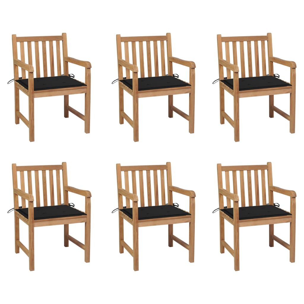 Gartenstühle 6 Stk. mit Schwarzen Kissen Massivholz Teak