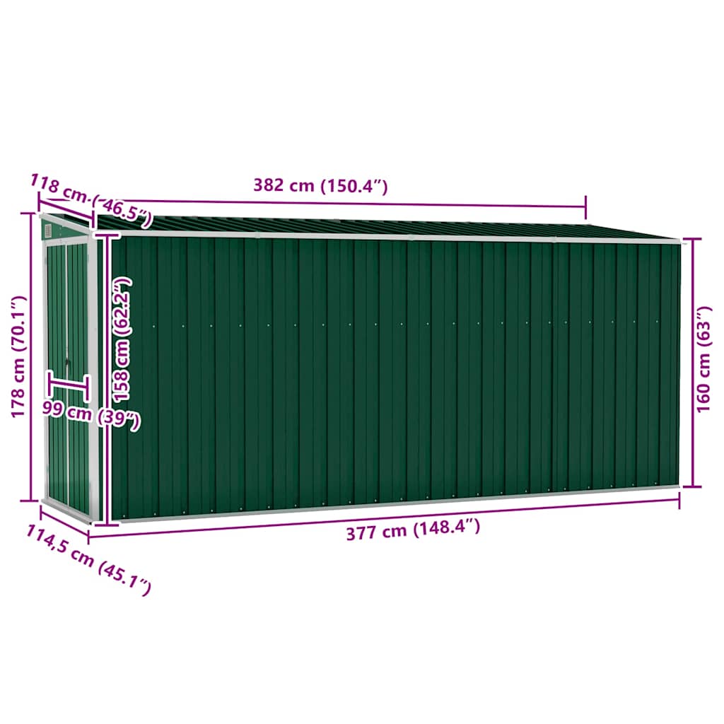 Anbauschuppen Grün 118x382x178 cm Verzinkter Stahl