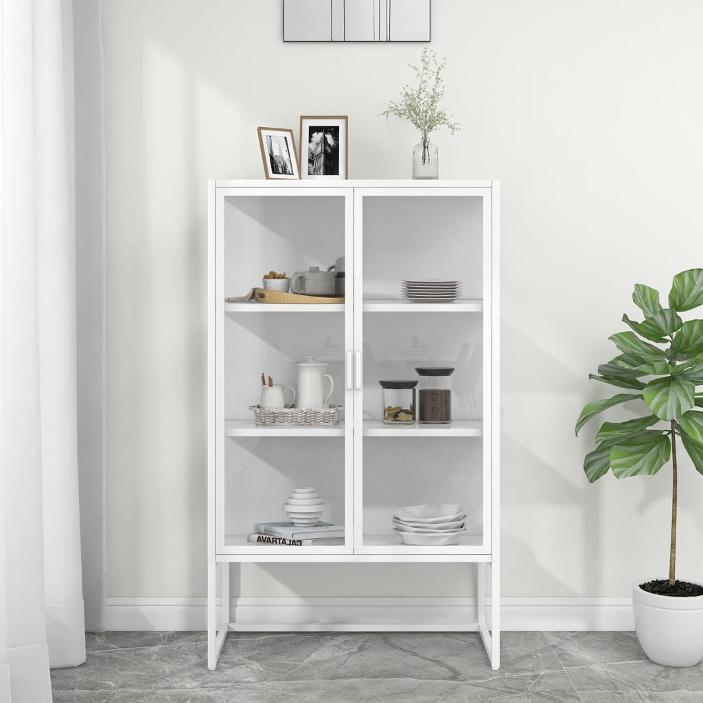 Highboard Weiß 80x35x135 cm Stahl und Gehärtetes Glas
