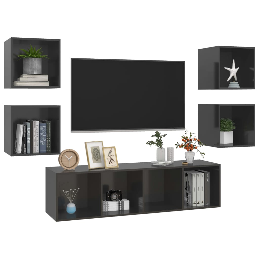 5-tlg. TV-Schrank-Set Hochglanz-Grau Holzwerkstoff