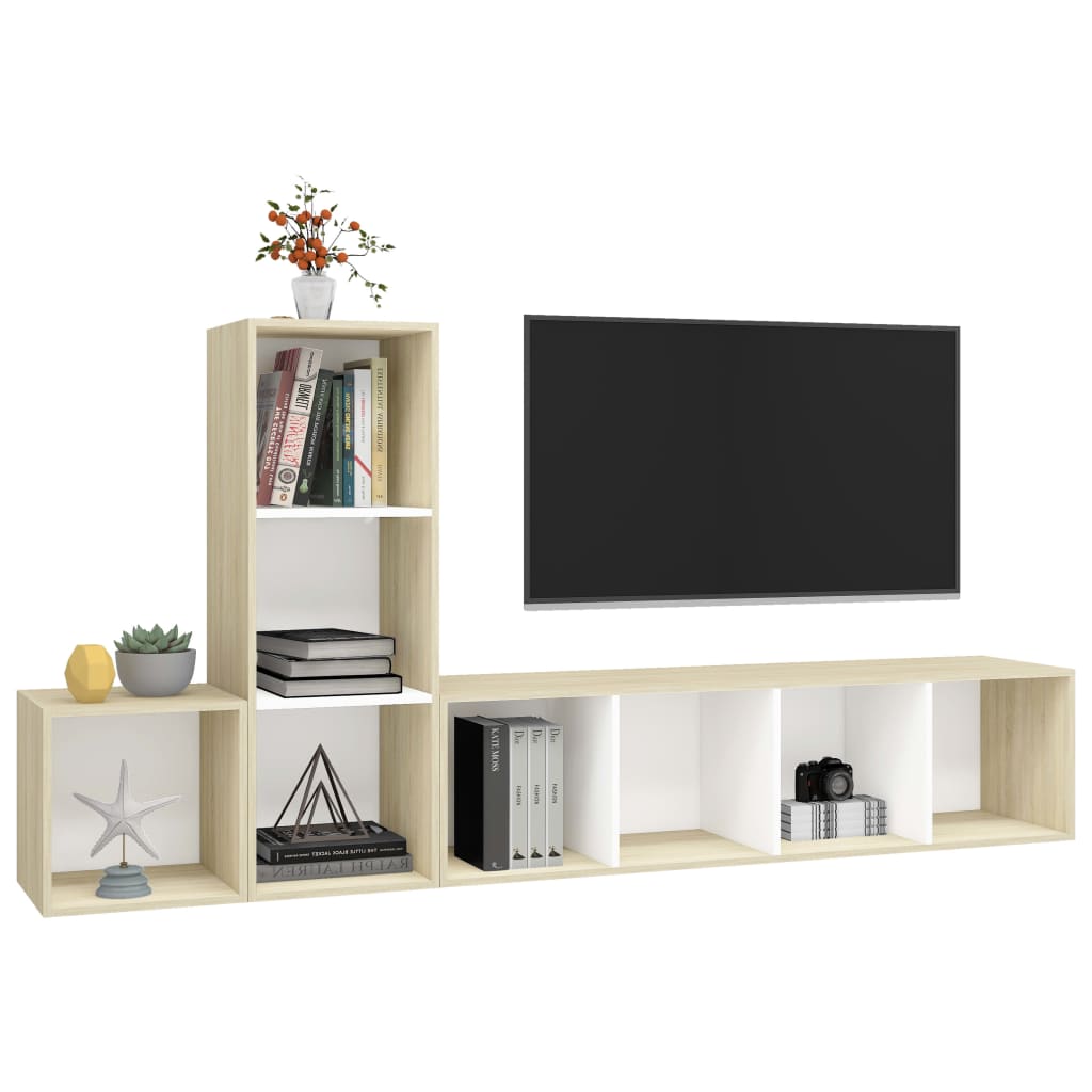 3-tlg. TV-Schrank-Set Weiß Sonoma-Eiche Holzwerkstoff