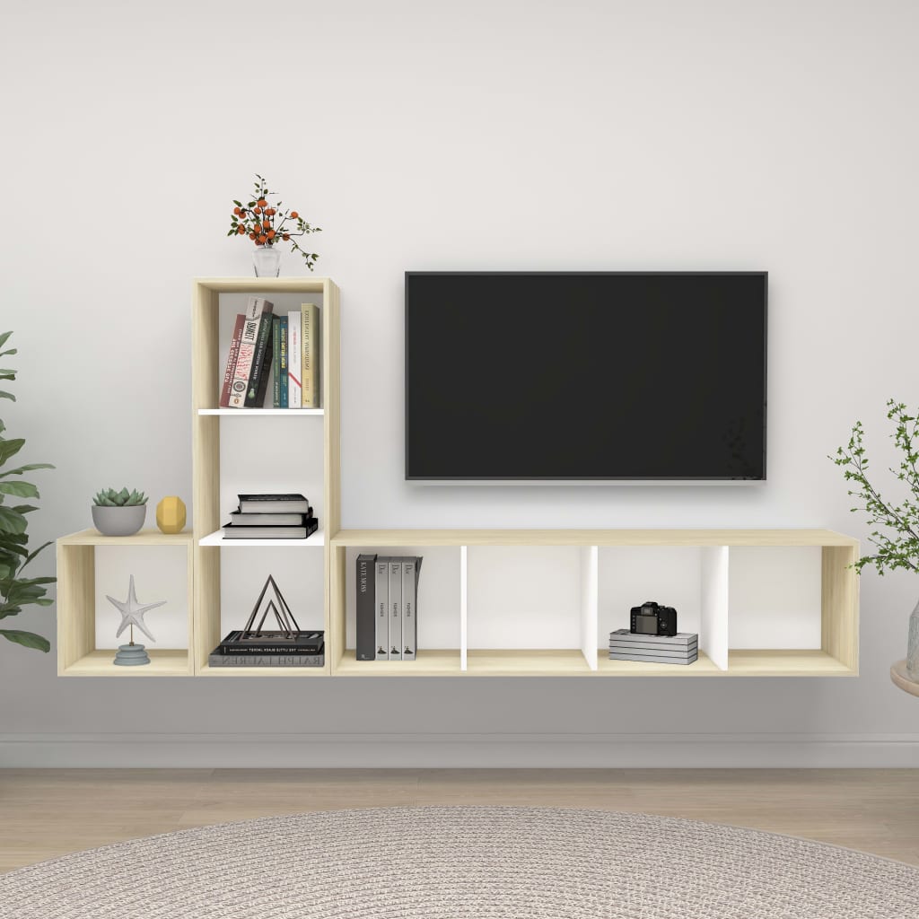 3-tlg. TV-Schrank-Set Weiß Sonoma-Eiche Holzwerkstoff
