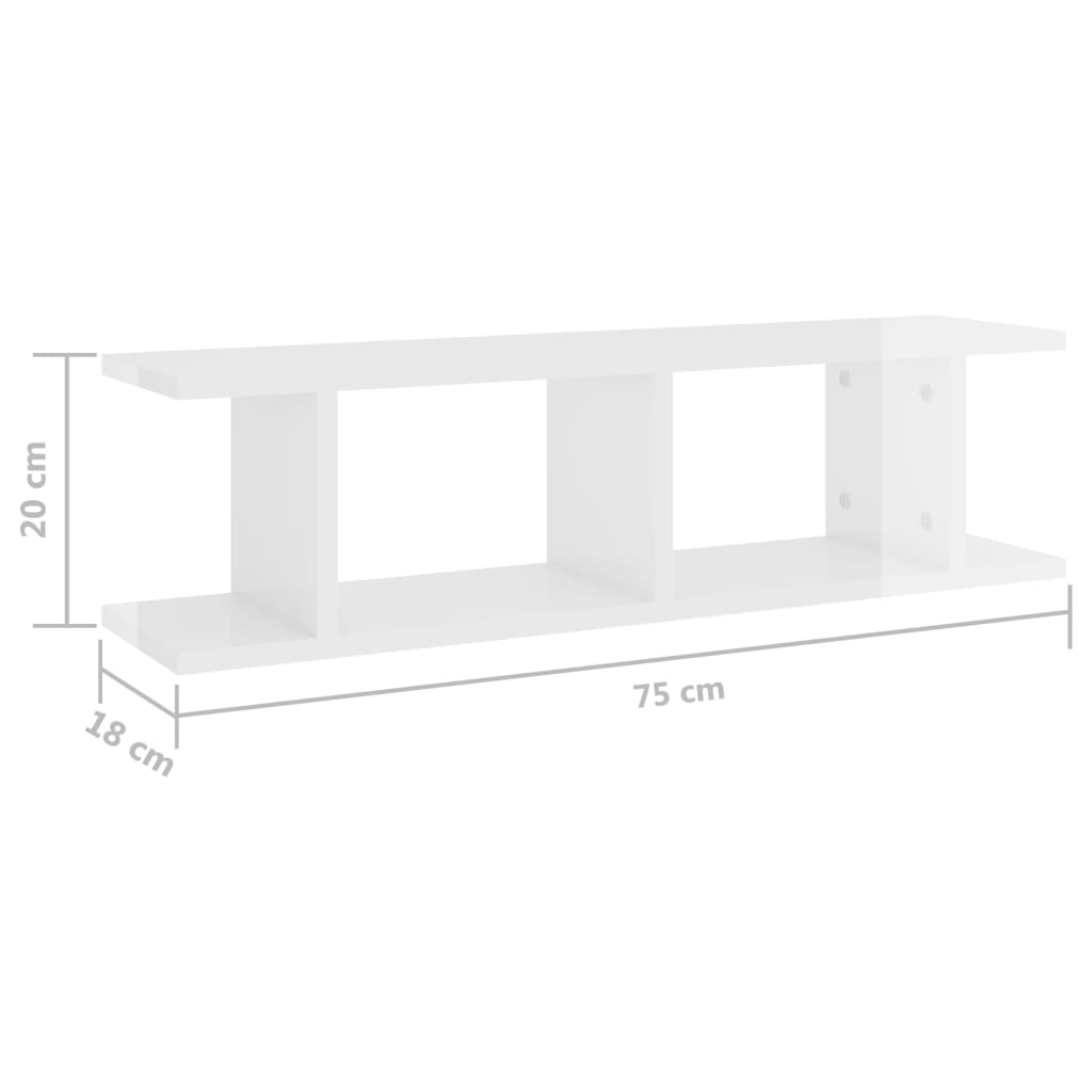 Wandregale 2 Stk. Hochglanz-Weiß 75x18x20 cm Holzwerkstoff