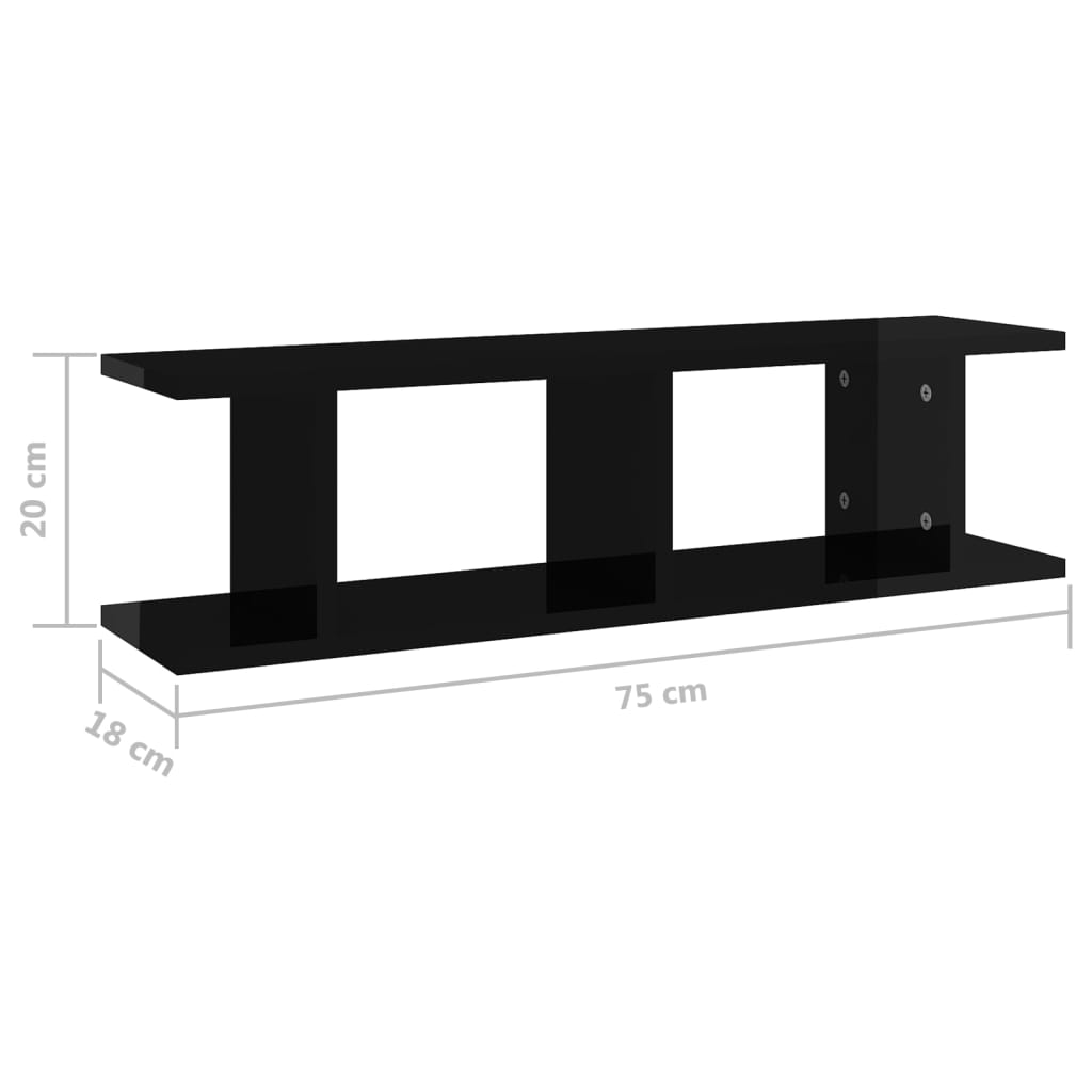 Wandregale 2 Stk. Hochglanz-Schwarz 75x18x20 cm Holzwerkstoff