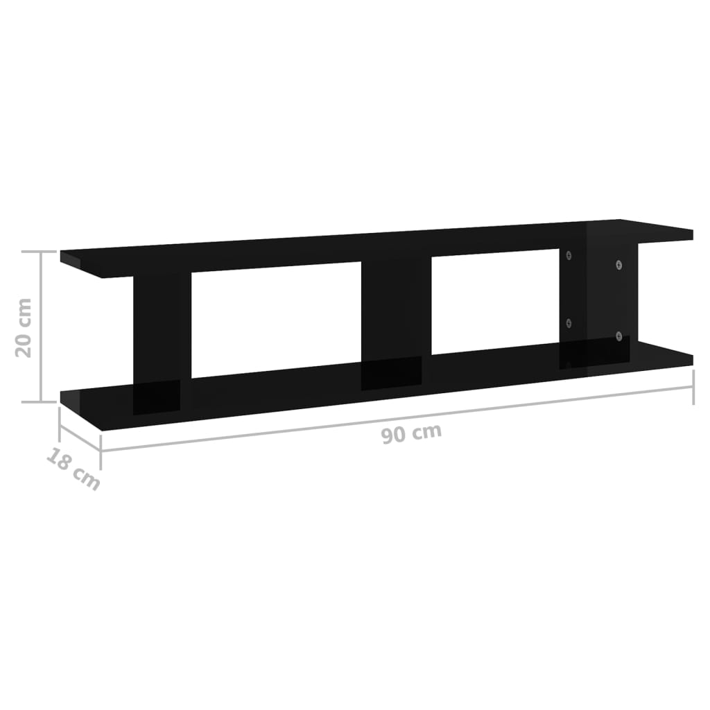 Wandregale 2 Stk. Hochglanz-Schwarz 90x18x20 cm Holzwerkstoff