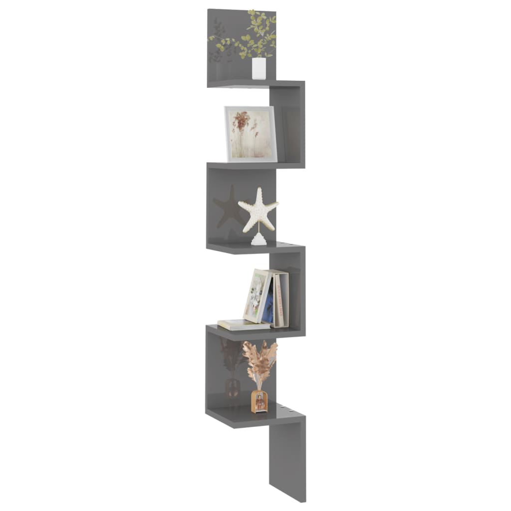 Wand-Eckregal Hochglanz-Grau 20x20x127,5 cm Holzwerkstoff