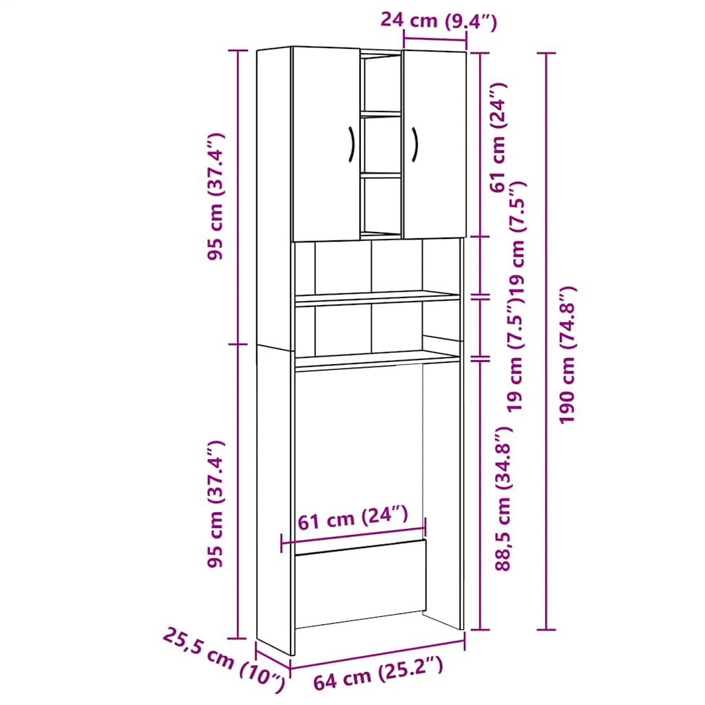 Waschmaschinenschrank Sonoma-Eiche 64x25,5x190 cm