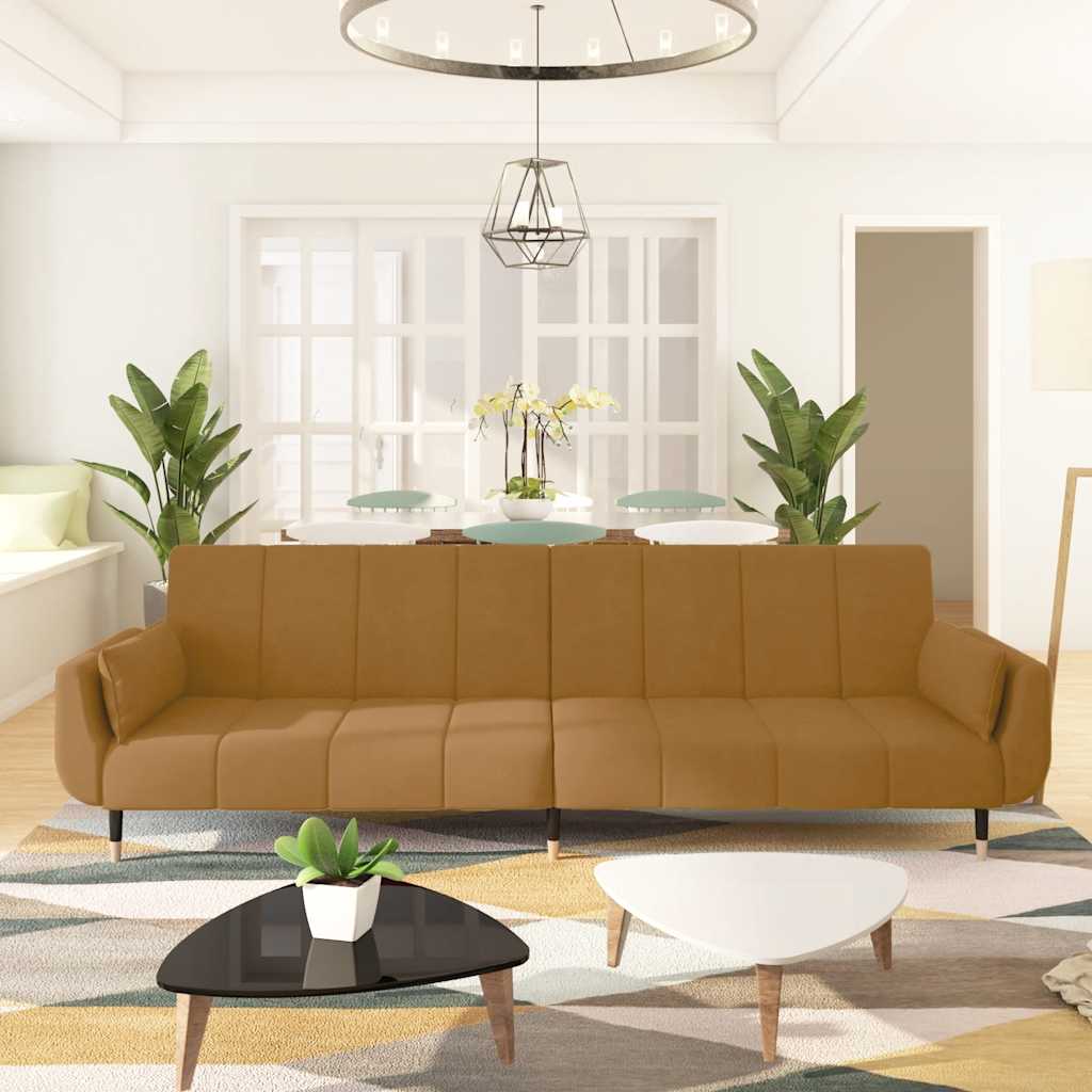 Schlafsofa 2-Sitzer mit 2 Kissen Braun Samt
