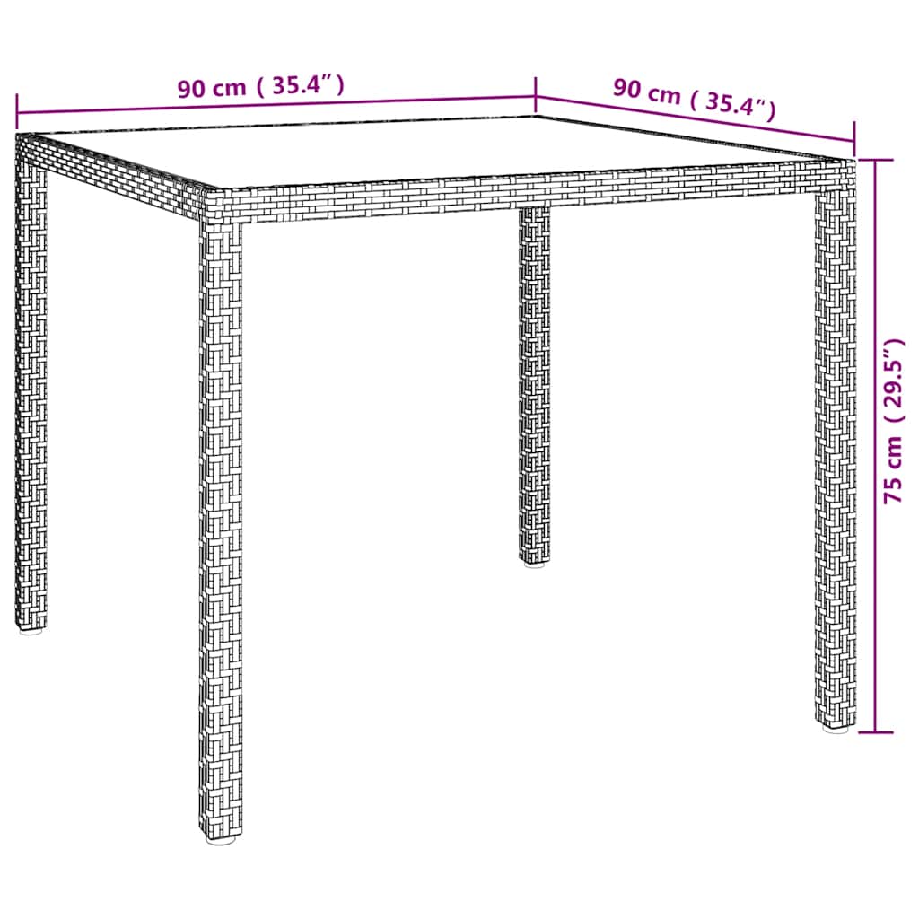 Gartentisch 90x90x75 cm Gehärtetes Glas Poly Rattan Braun