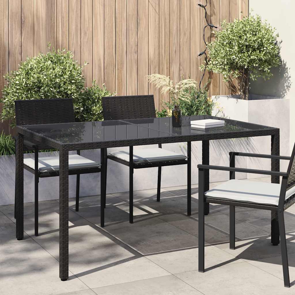 Gartentisch 150x90x75 cm Gehärtetes Glas Poly Rattan Schwarz