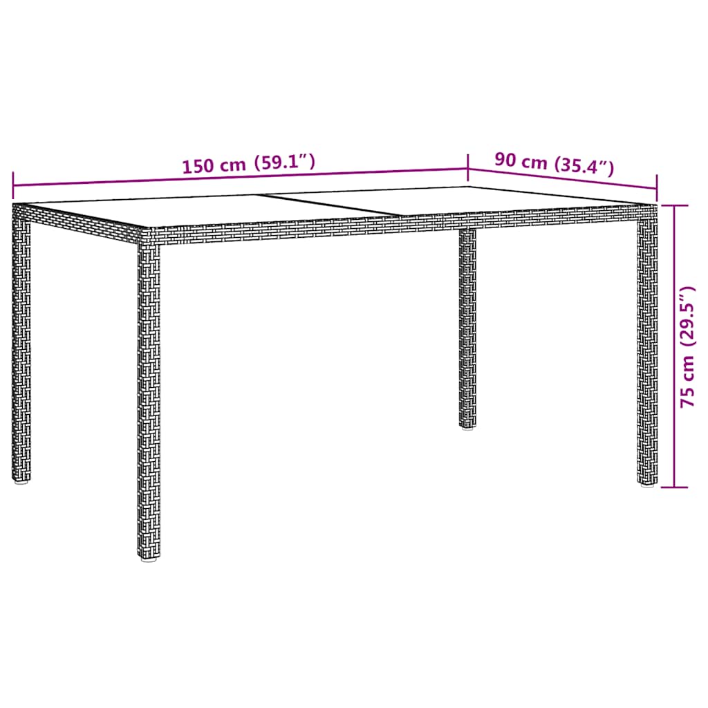 Gartentisch 150x90x75 cm Hartglas und Poly Rattan Grau