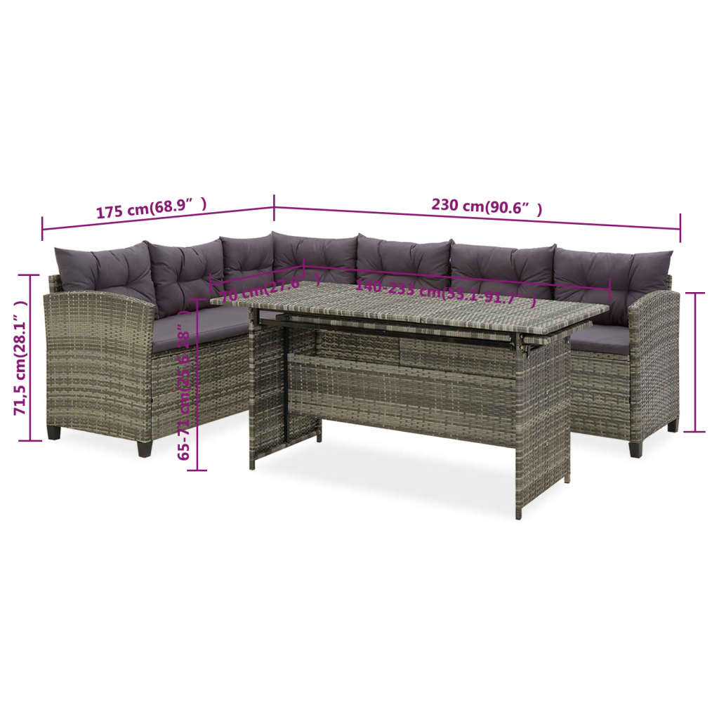 2-tlg. Garten-Lounge-Set mit Kissen Poly Rattan Grau