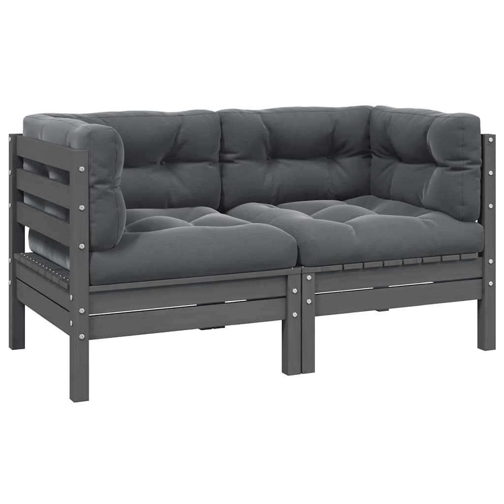 2-Sitzer-Gartensofa mit Kissen Grau Massivholz Kiefer