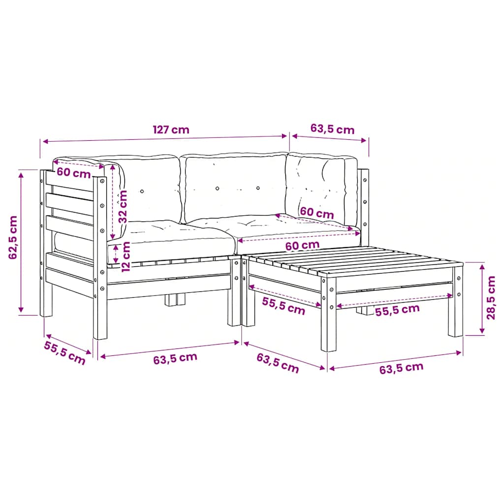 3-tlg. Garten-Lounge-Set mit Kissen in Creme Massivholz Kiefer