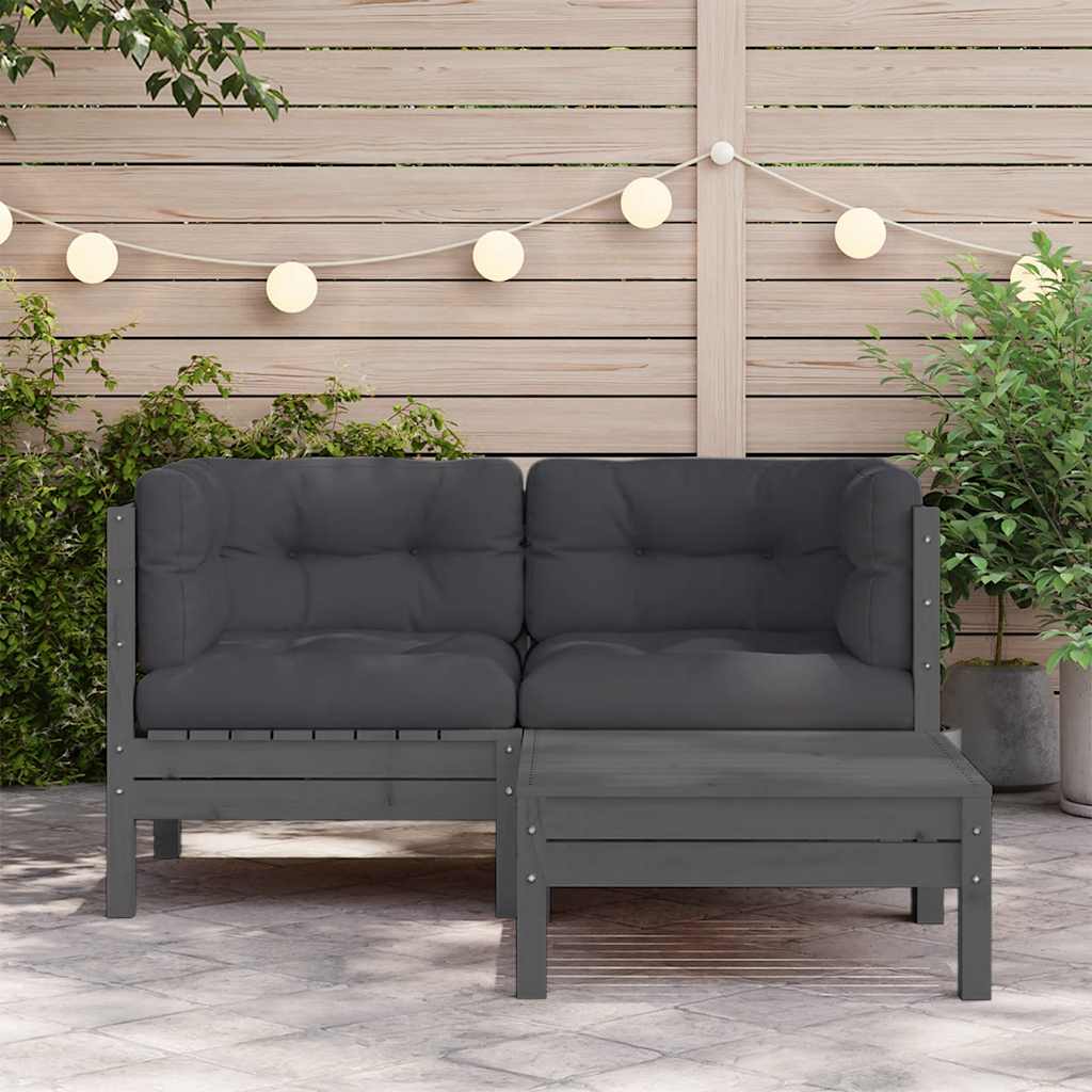 3-tlg. Garten-Lounge-Set mit Kissen Grau Kiefer Massivholz