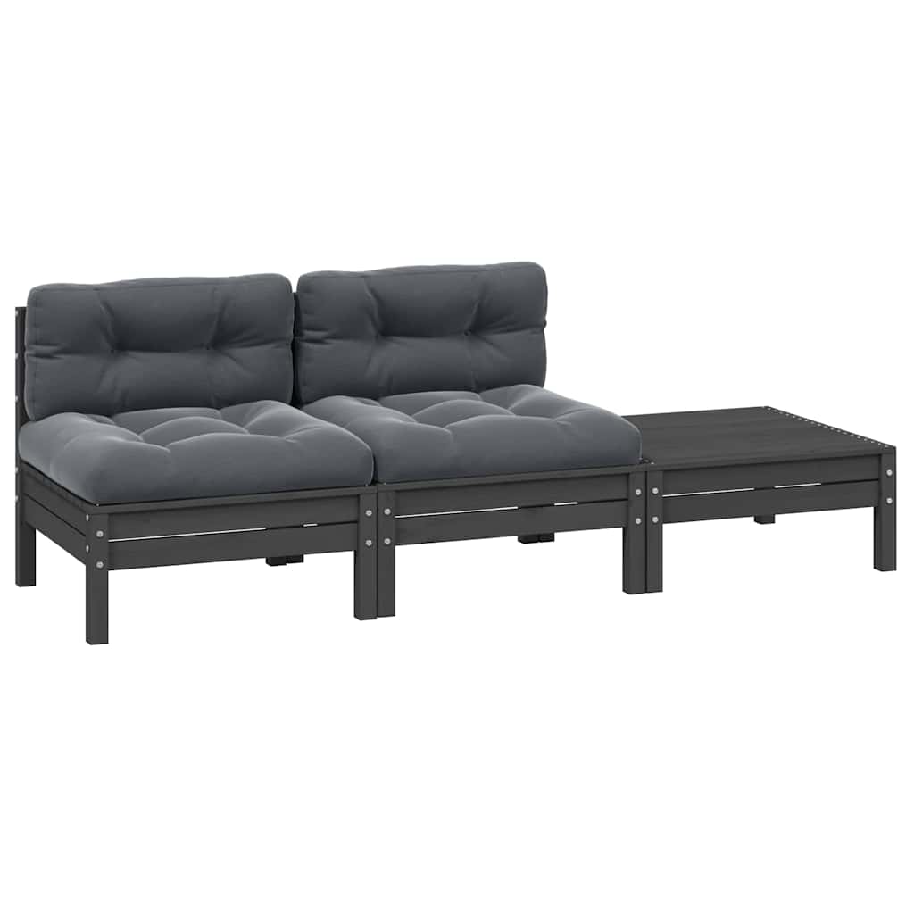 3-tlg. Garten-Lounge-Set mit Kissen Grau Kiefer Massivholz