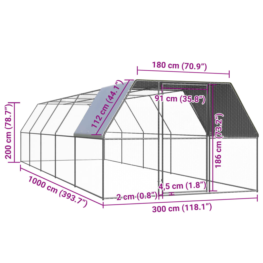Outdoor-Hühnerkäfig 3x10x2 m Verzinkter Stahl