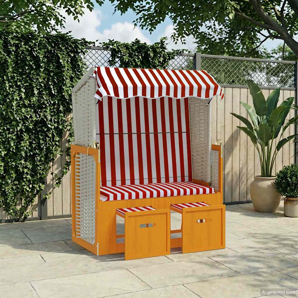 Strandkorb mit Dach Poly Rattan und Massivholz Rot & Weiß
