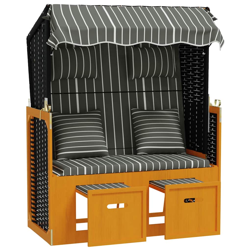 Strandkorb mit Kissen Poly Rattan & Massivholz Schwarz & Grau