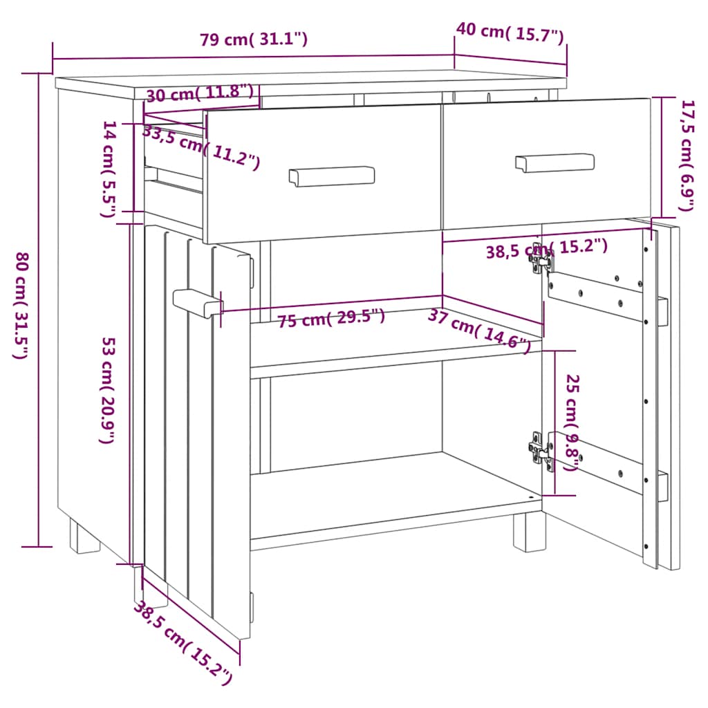 Sideboard HAMAR Dunkelgrau 79x40x80 cm Massivholz Kiefer