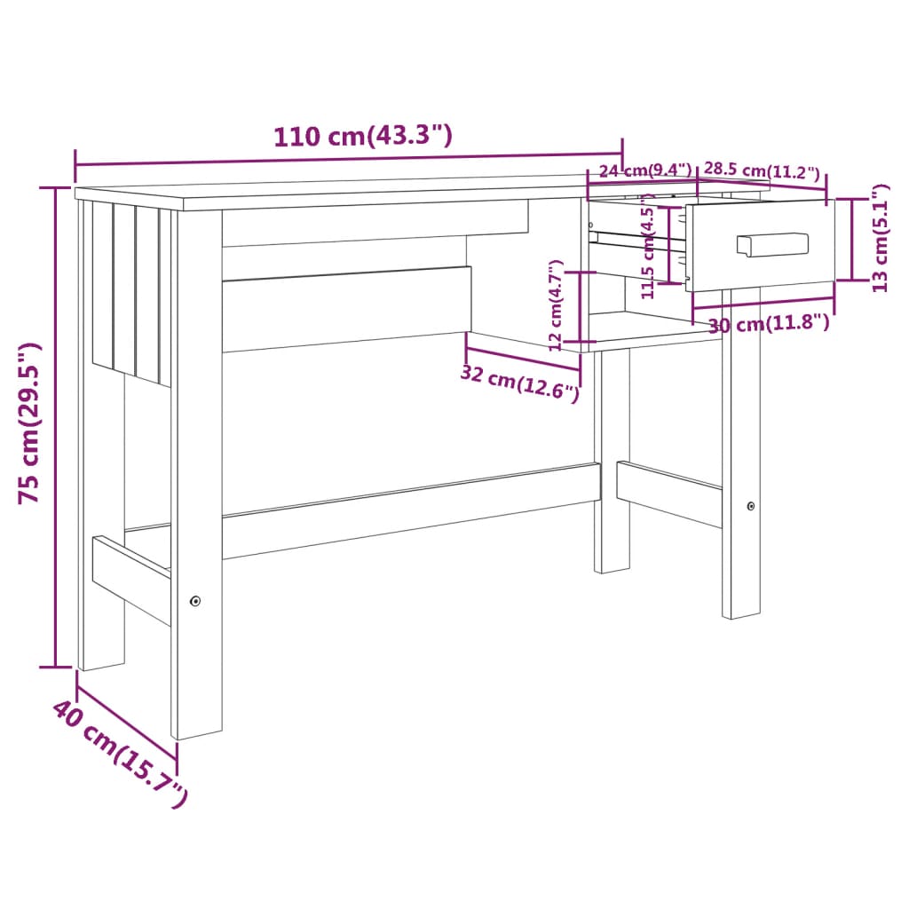 Schreibtisch HAMAR Weiß 110x40x75 cm Massivholz Kiefer