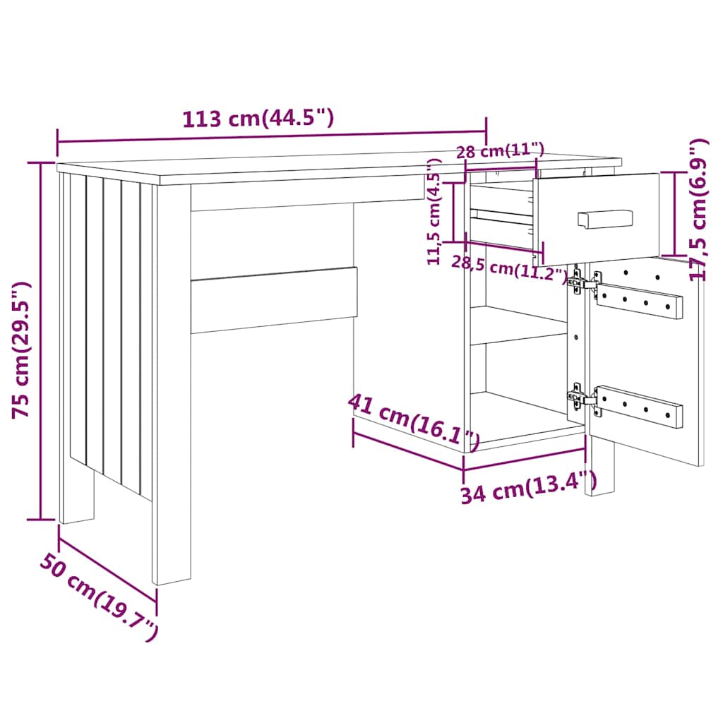 Schreibtisch HAMAR Dunkelgrau 113x50x75 cm Massivholz Kiefer