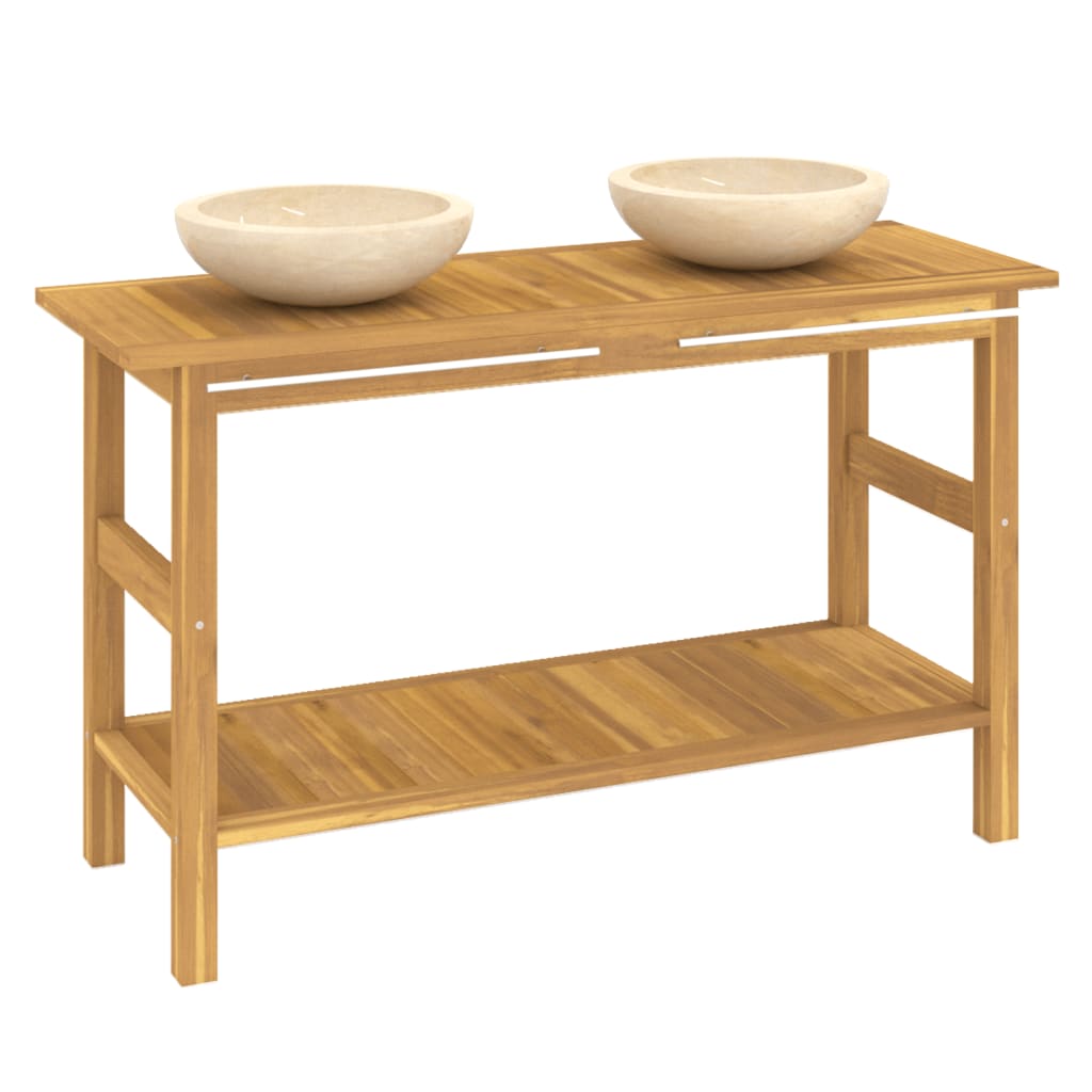 Waschtisch mit Creme Marmorbecken Massivholz Teak