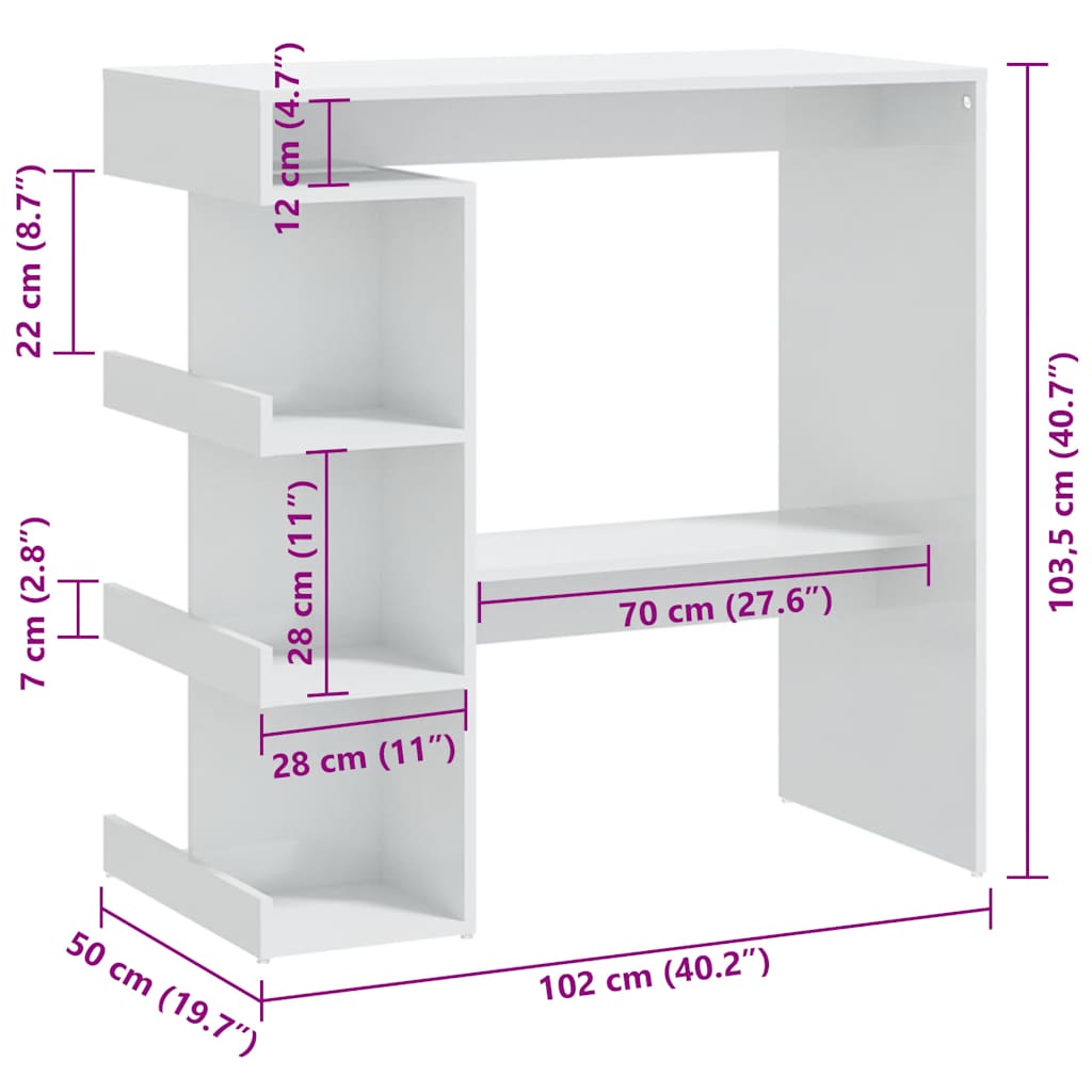 Bartisch mit Regal Hochglanz-Weiß 100x50x101,5 cm