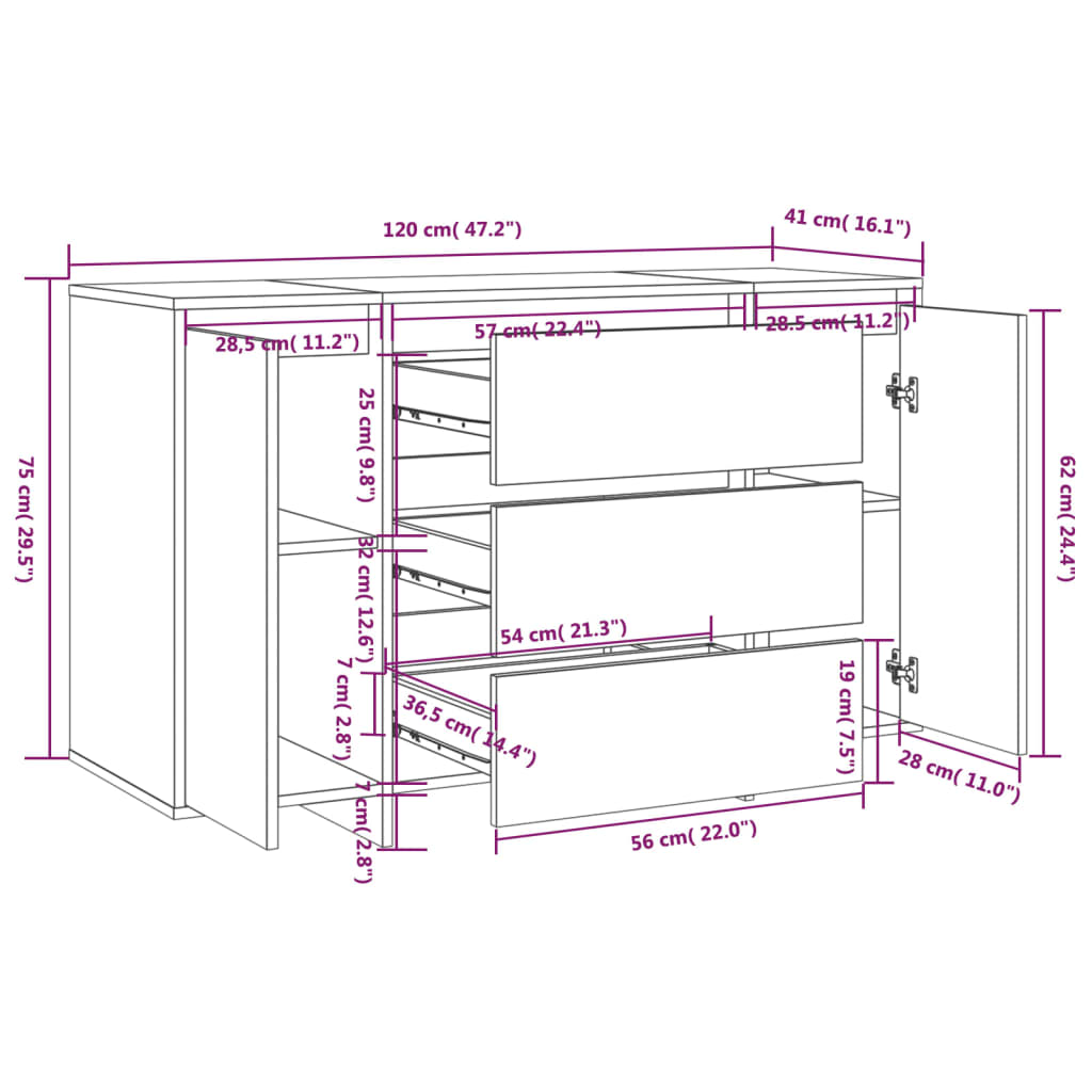 Sideboard mit 3 Schubladen Schwarz 120x41x75 cm Holzwerkstoff