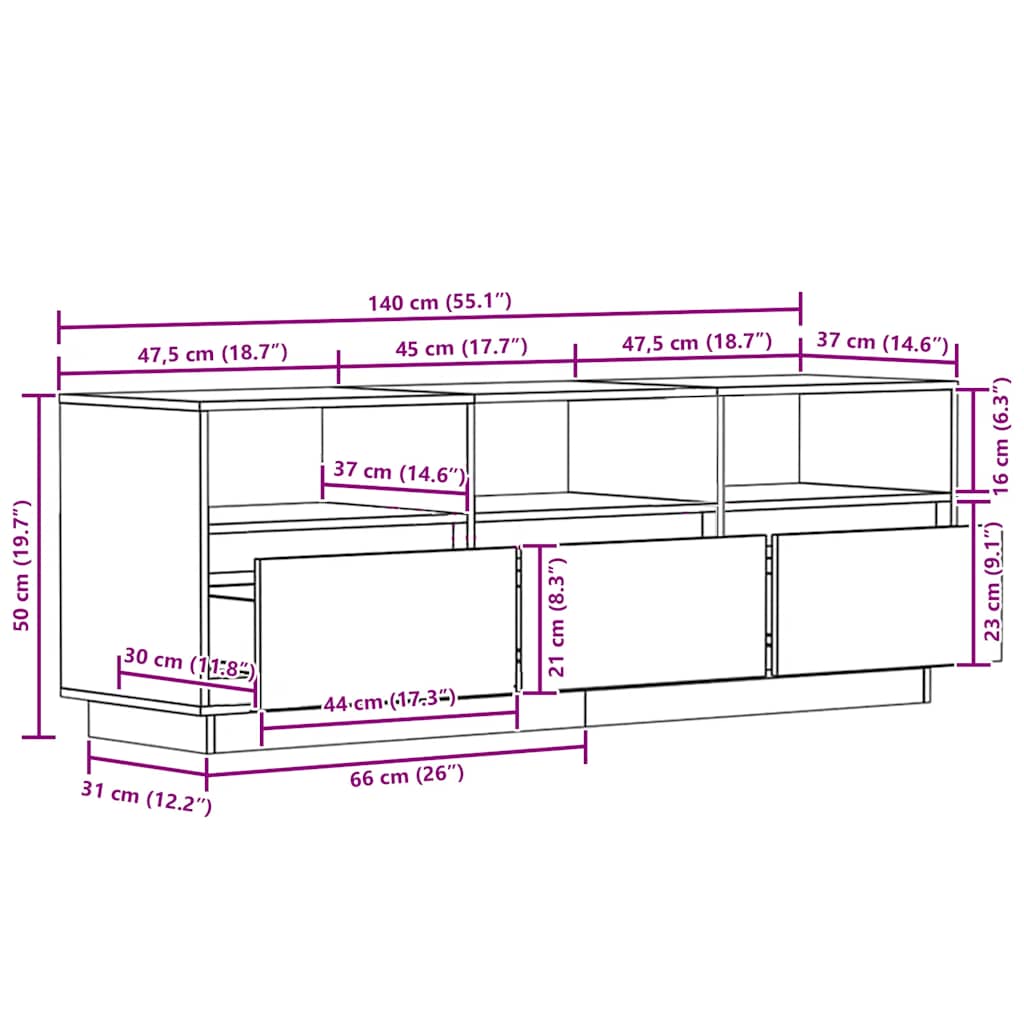 TV-Schrank 140x37x50 cm Massivholz Kiefer