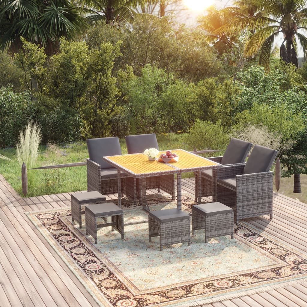 9-tlg. Garten-Essgruppe mit Kissen Poly Rattan Grau