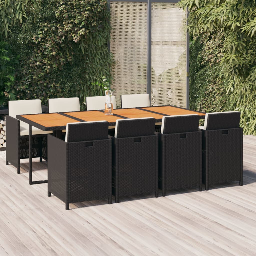 9-tlg. Garten-Essgruppe mit Kissen Poly Rattan Schwarz