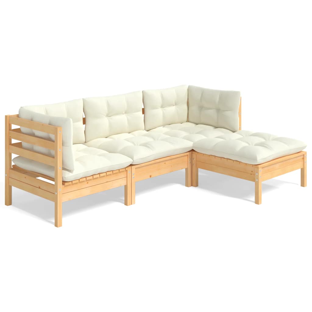 4-tlg. Garten-Lounge-Set mit Creme Kissen Kiefernholz