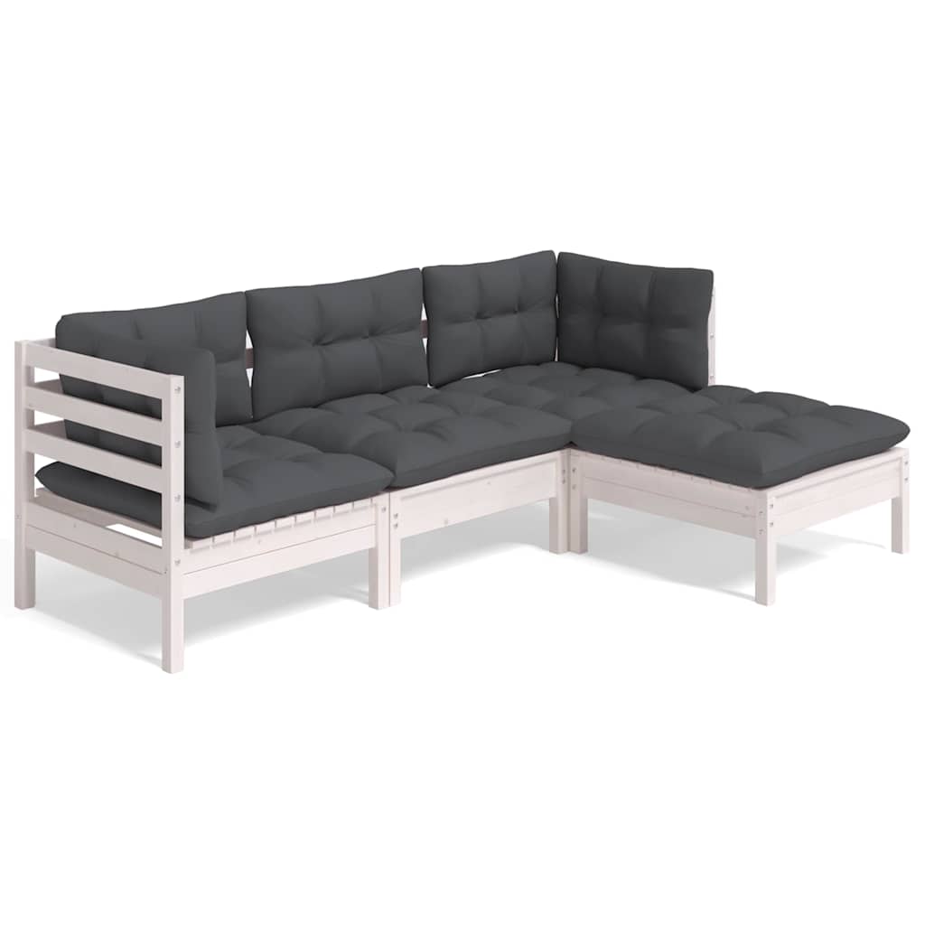 4-tlg. Garten-Lounge-Set mit Kissen Weiß Kiefernholz