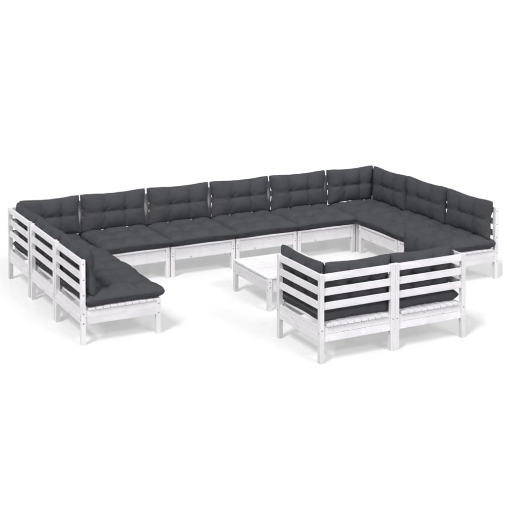 13-tlg. Garten-Lounge-Set mit Kissen Weiß Kiefernholz