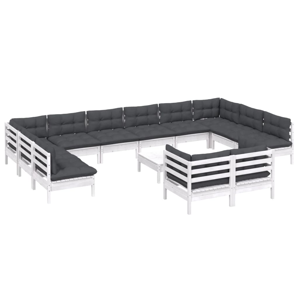 13-tlg. Garten-Lounge-Set mit Kissen Weiß Kiefernholz