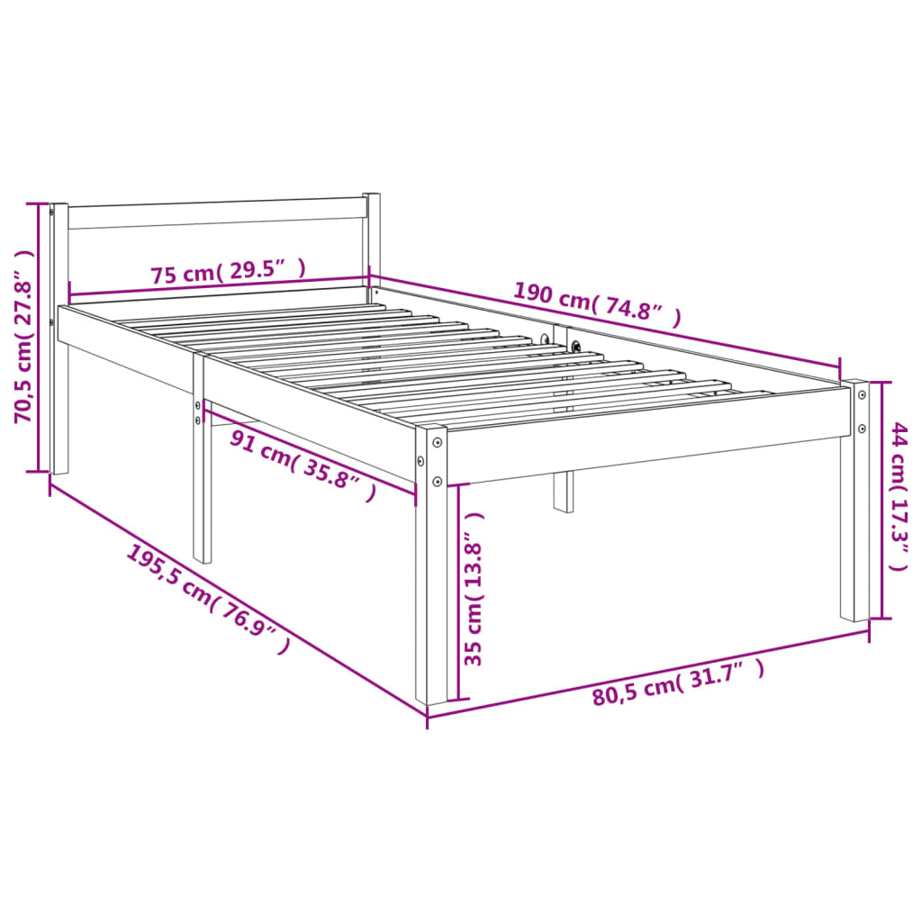 Seniorenbett Weiß 75x190 cm Massivholz Kiefer