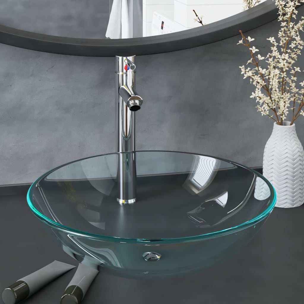 Waschbecken mit Wasserhahn und Ablaufgarnitur aus gehärtetem