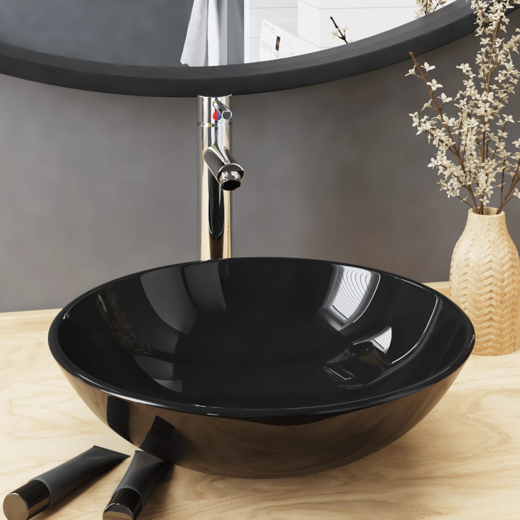 Badezimmer Waschbecken mit Wasserhahn Ablaufgarnitur Schwarz