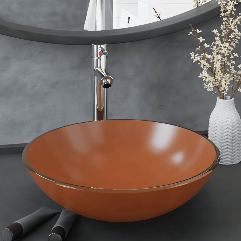 Badezimmer Waschbecken mit Wasserhahn und Ablaufgarnitur Braun