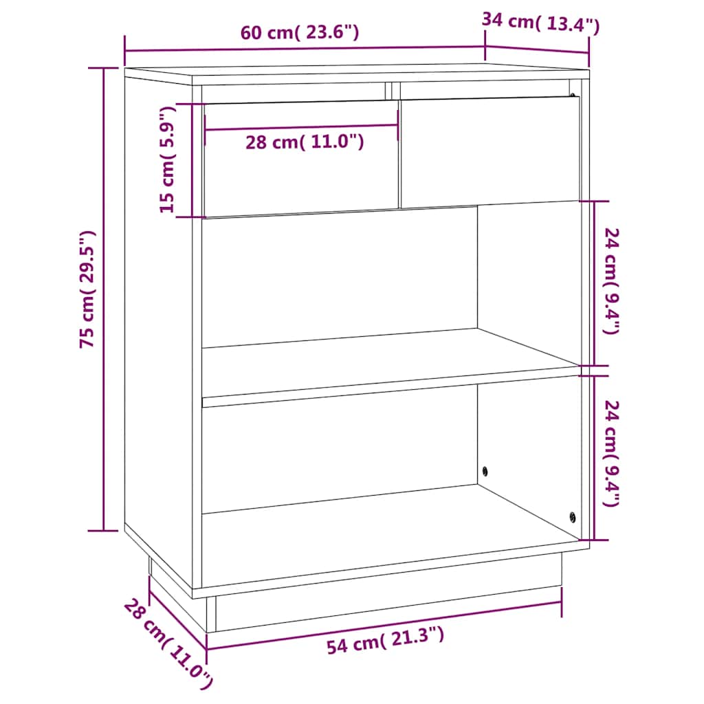 Beistellschrank Schwarz 60x34x75 cm Massivholz Kiefer