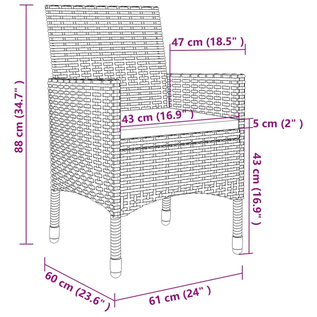 3-tlg. Garten-Essgruppe mit Auflagen Poly Rattan und Glas