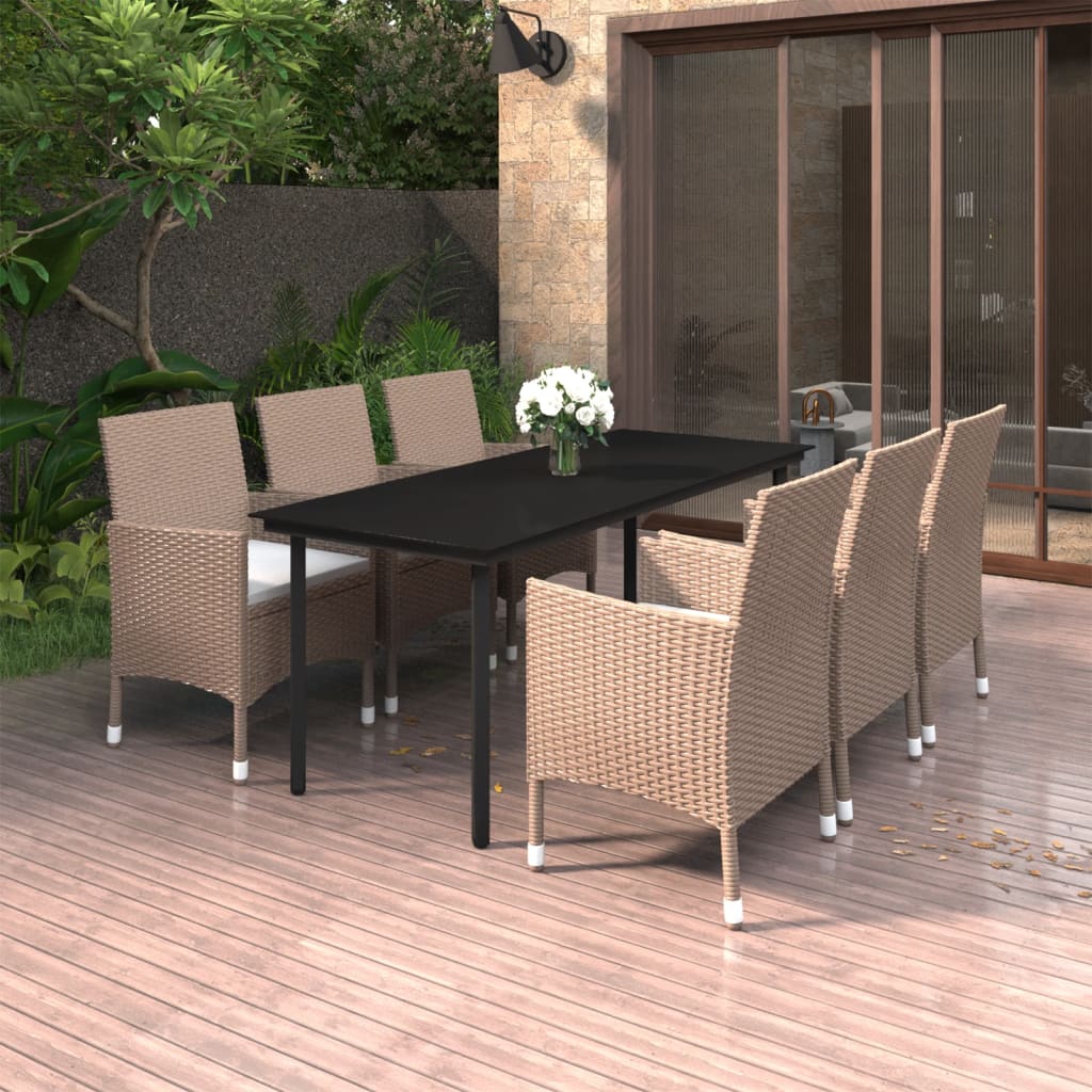 7-tlg. Garten-Essgruppe mit Auflagen Poly Rattan und Glas