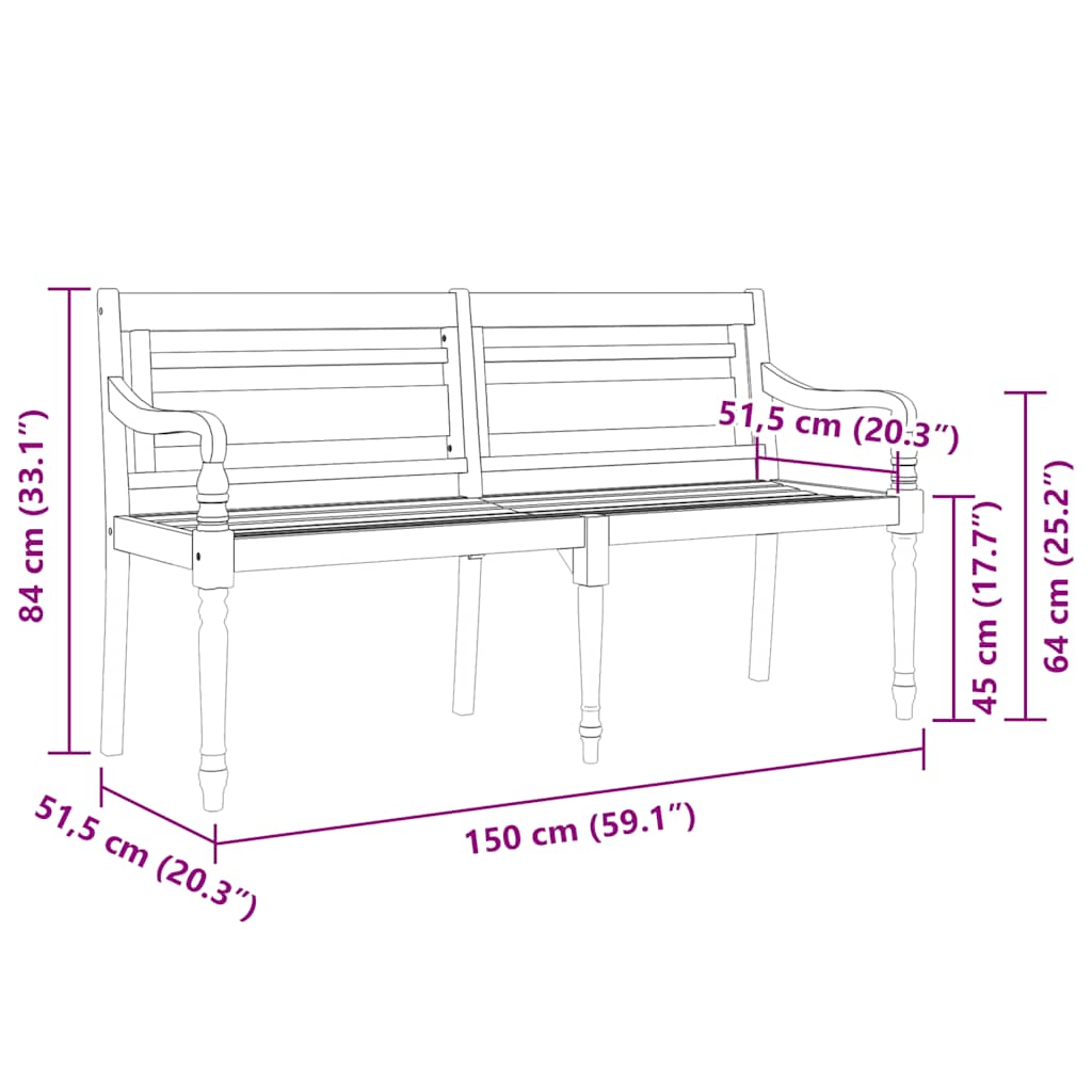 Batavia-Bank mit Kissen Rot Karomuster 150 cm Massivholz Teak