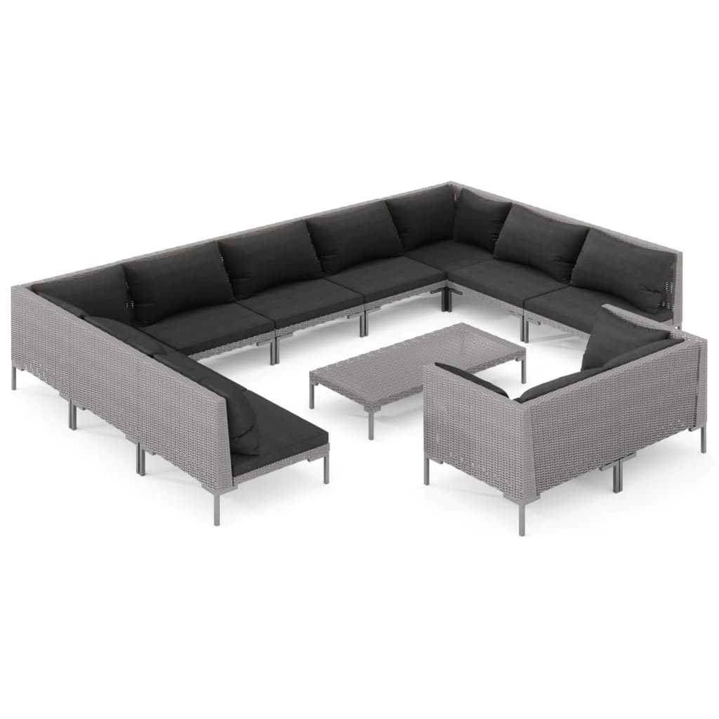 12-tlg. Garten-Lounge-Set mit Kissen Poly Rattan Dunkelgrau