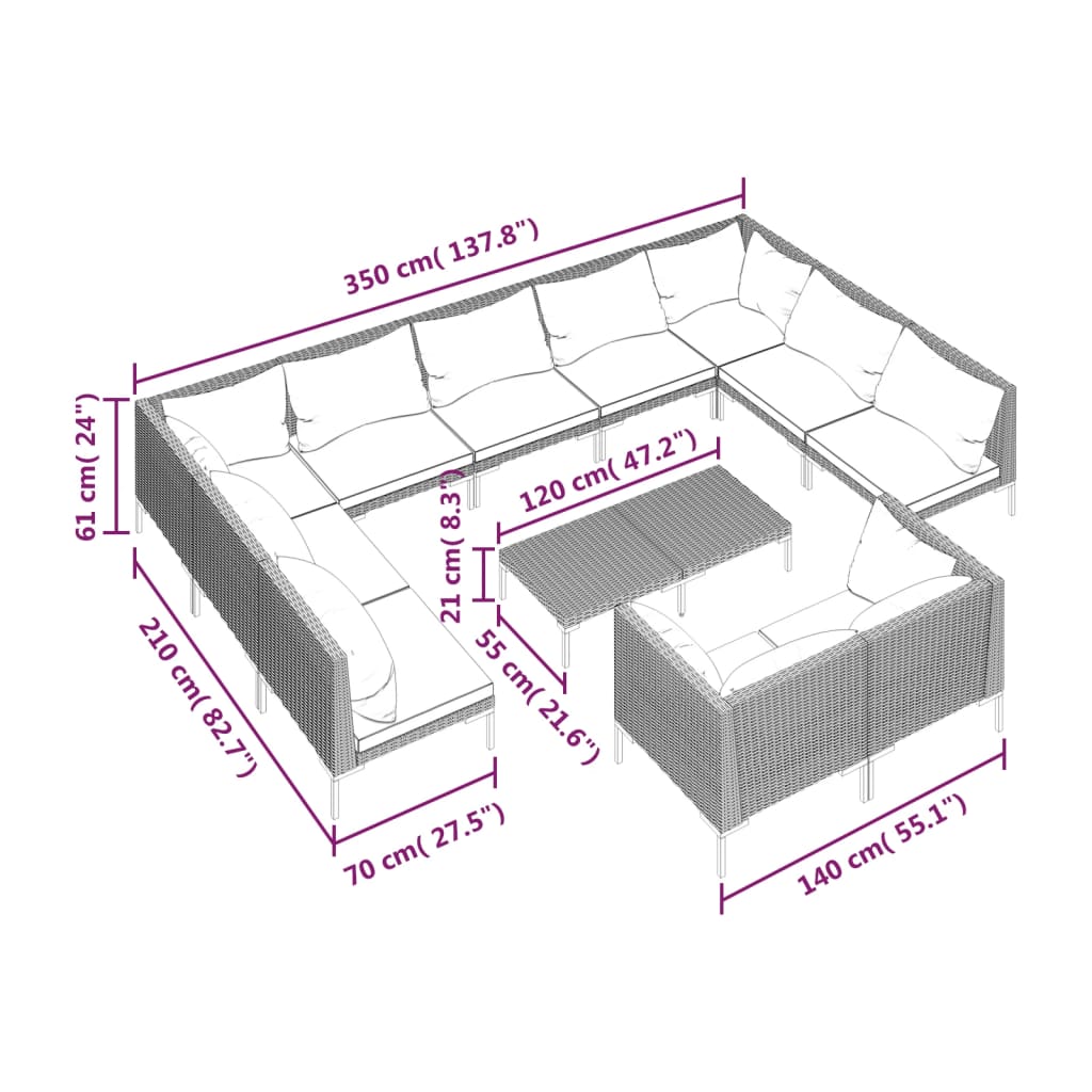 12-tlg. Garten-Lounge-Set mit Kissen Poly Rattan Dunkelgrau
