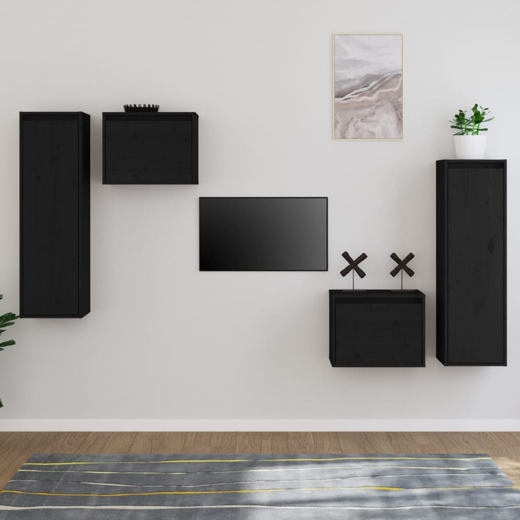 TV-Schränke 4 Stk. Schwarz Massivholz Kiefer